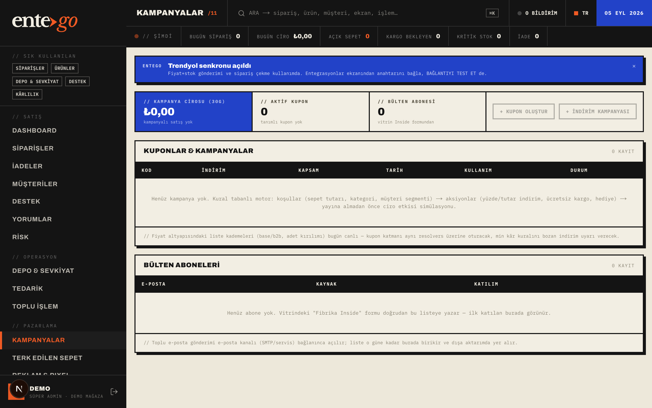 ENTEGO panel — Kampanyalar