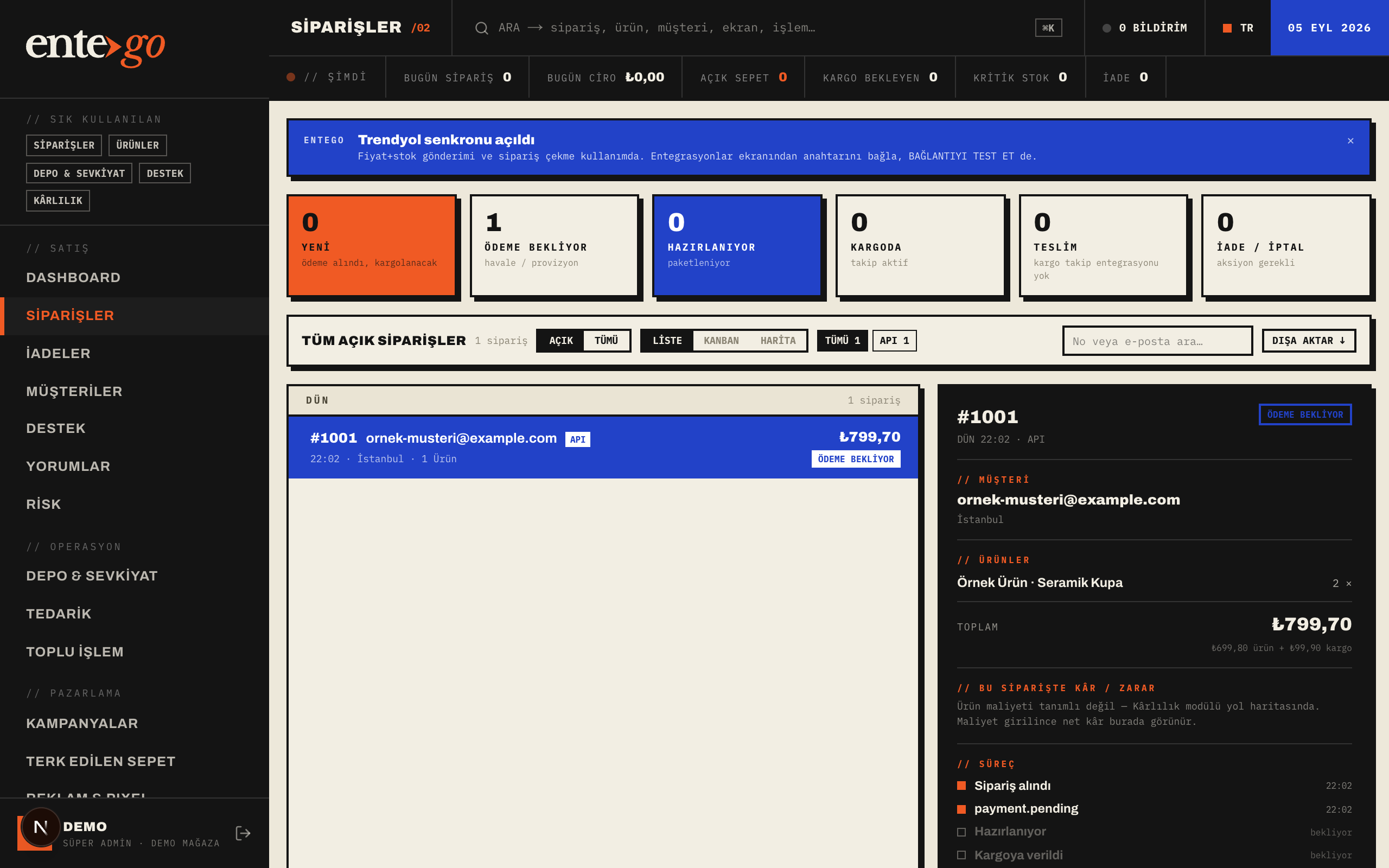 ENTEGO panel — Siparişler